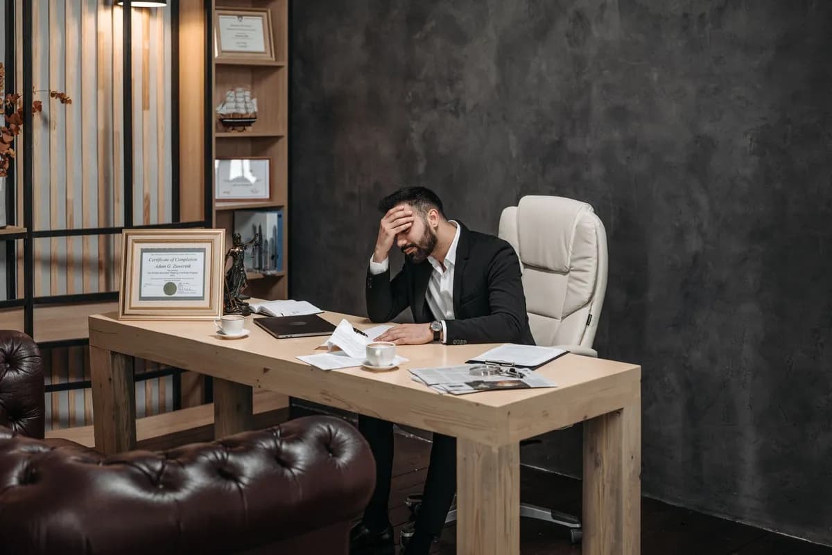 Stressed man in office holding his head — occupational stress is a recognised trigger of telogen effluvium hair loss in men