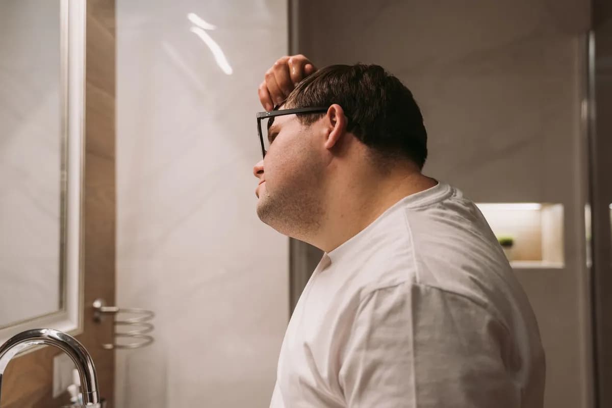 Man examining his receding hairline in a bathroom mirror — considering receding hairline treatment Malta options